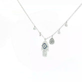 14k White Gold .50ct G VS2 Round Diamond and Round Blue Sapphire Khamsa Evil Eye Diamond Necklace